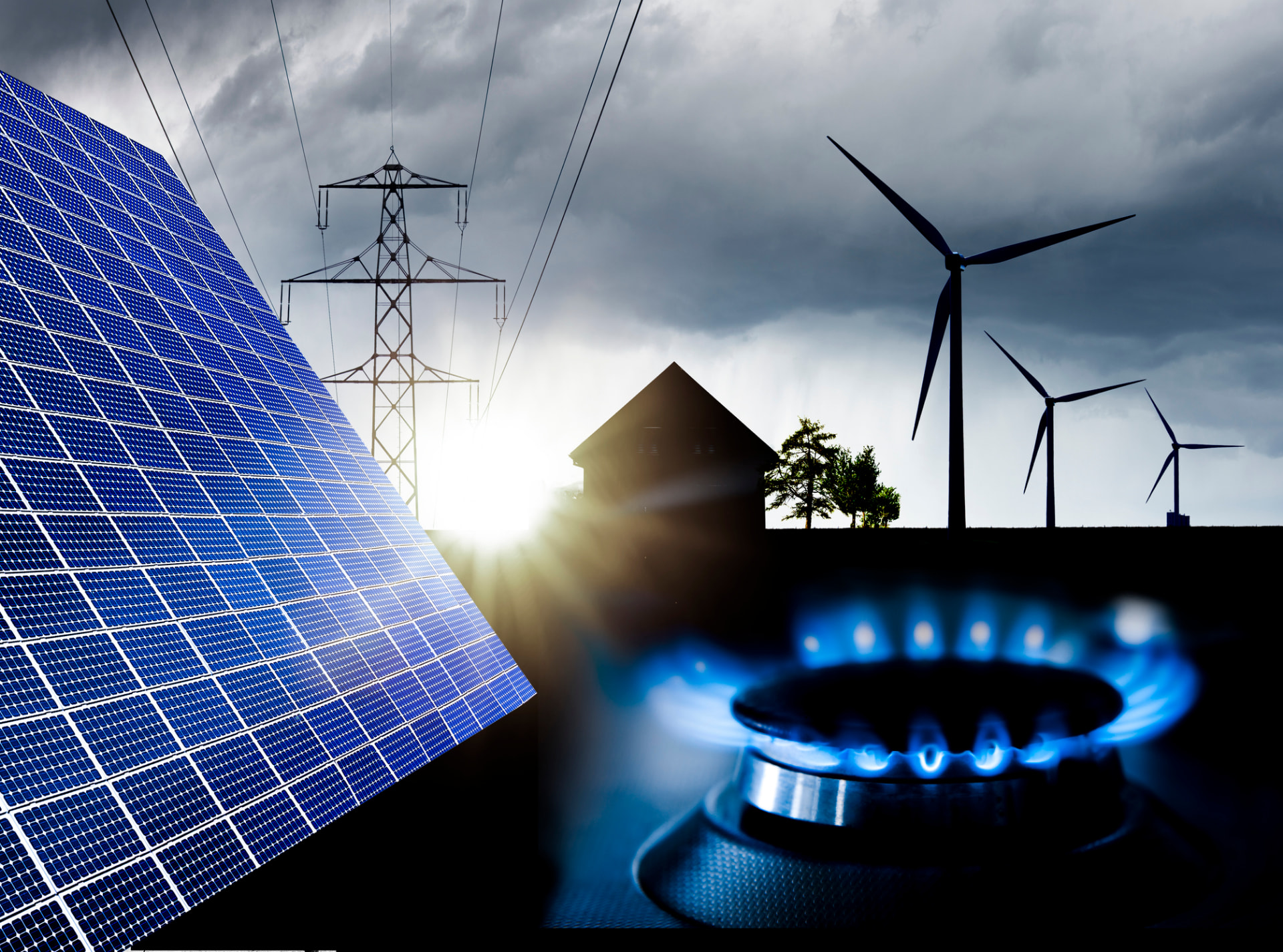 Panneaux solaires, éoliennes et brûleur à gaz